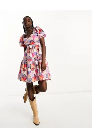 Neon Rose Patch print ruffle mini dress in pink