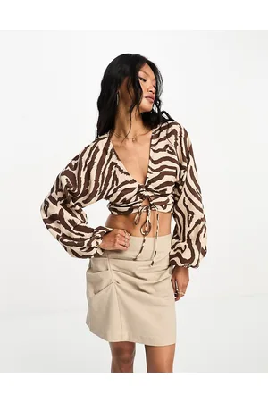 ASOS Long sleeve crinkle top with lace up lattice detail in zebra print