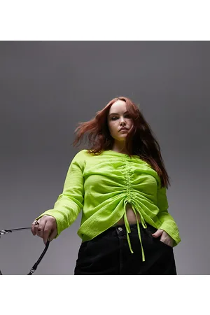Topshop Curve long sleeve ruched front top in lime
