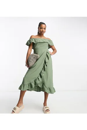 River Island Textured bardot frill midi dress in khaki