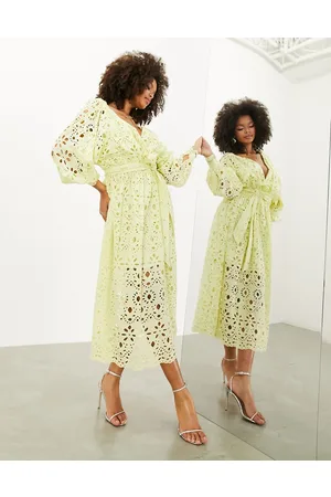 ASOS Broderie wrap belted midi dress in lemon