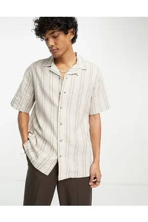 PACSUN Bodhi resort short sleeve linen shirt in tan and white stripe