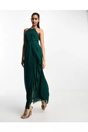 VILA Bridesmaid halterneck maxi dress with cut out back in dark