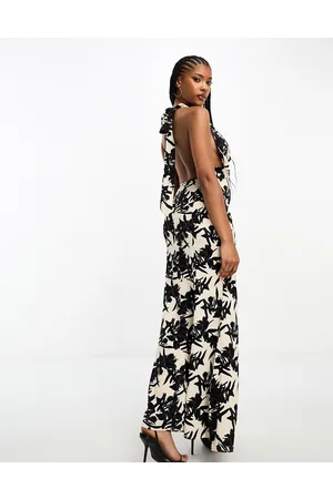 In The Style x Yasmin Chanel satin maxi dress with thigh slit in black