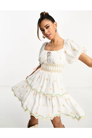 River Island Embroidered tiered mini beach dress in