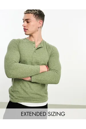 ASOS Skinny long sleeve t-shirt in khaki slub with button neck