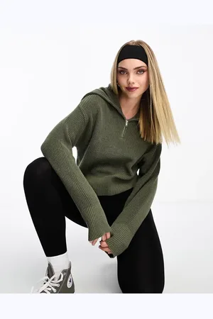 Monki High zip neck knitted sweater in khaki