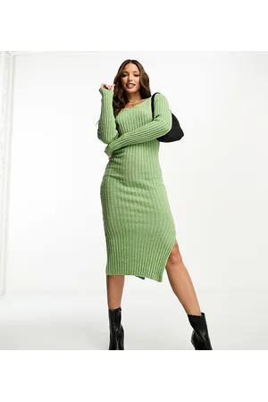 ASOS ASOS DESIGN Tall square neck knitted midi dress in textured yarn in khaki