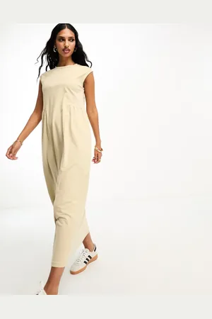 River Island Pleated smock t-shirt midi dress in light