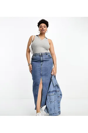 ASOS ASOS DESIGN Curve denim maxi skirt with split hem in midwash