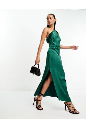 Pretty Lavish Asymmetric ruched satin midaxi dress in emerald