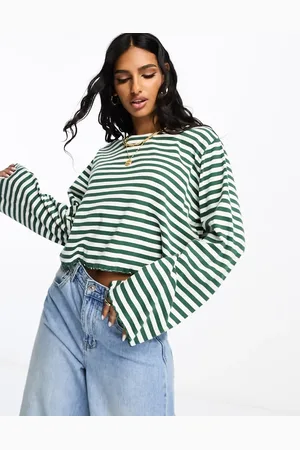 ASOS Lettuce hem long sleeve t-shirt in green stripe