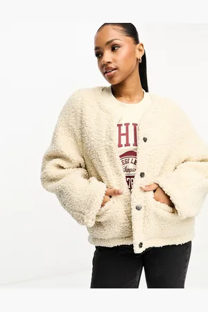 Pieces® Collarless teddy jacket in cream