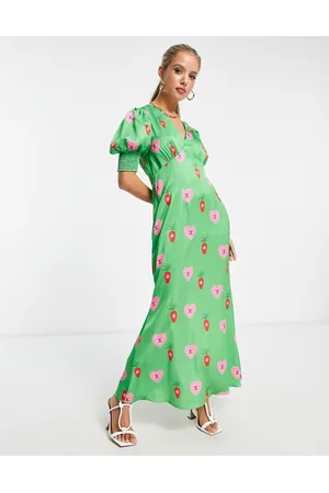 Never Fully Dressed Puff sleeve midaxi dress in green heart print