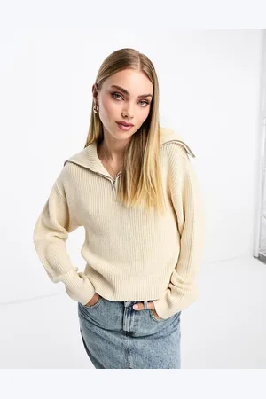 Monki High zip neck knitted sweater in off