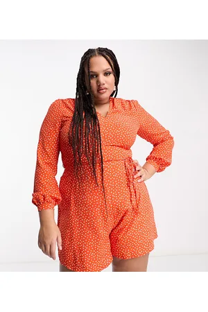Glamorous V neck tie waist tea romper in red orange ditsy