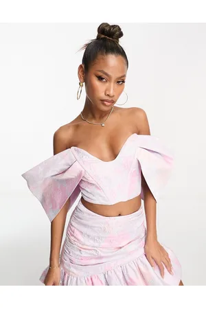 ASOS Sweetheart extreme sleeve corsetted crop top in pastel floral jacquard - part of a set