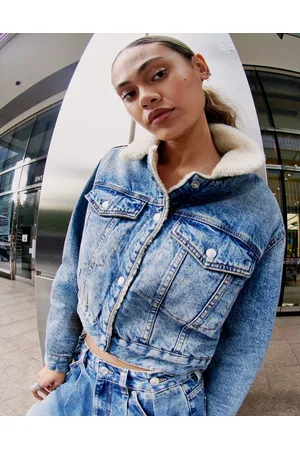 ASOS Cropped denim borg jacket in midwash