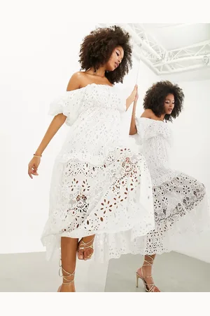 ASOS Blouson off shoulder tiered eyelet midi dress in