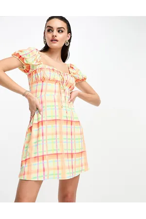 Glamorous Milkmaid a line mini dress in orange lime plaid