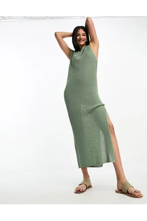 ASOS Knit relaxed midi dress in rib in khaki