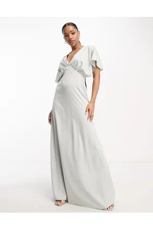Maya Deluxe Bridesmaid cape sleeve satin maxi dress in pale