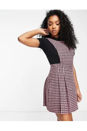 Miss Selfridge Pleated dogtooth pinny dress with diamante trim detail in black and pink