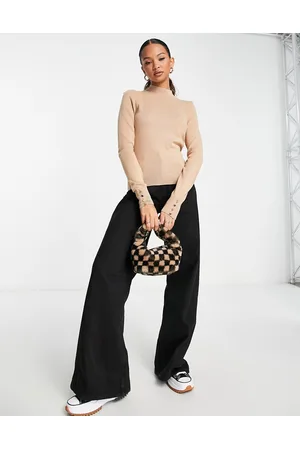 New Look Crew neck knit sweater with cuff detail in camel