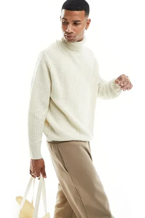 ASOS Oversized knit fisherman ribbed turtle neck sweater in stone