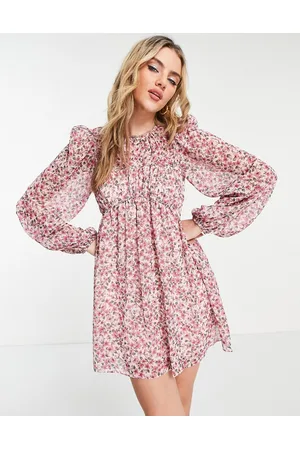 Forever New Ever New pintuck blouson sleeve ruched mini dress in blush ditsy floral