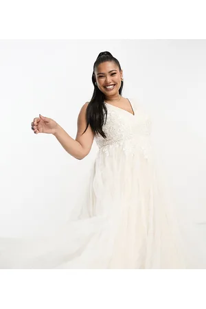 ASOS ASOS DESIGN Curve Sienna bead and embroidered plunge bodice wedding dress with lace underlay in ivory