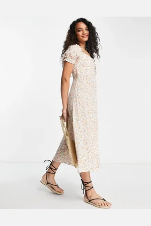 Forever New Ever New tie bust split midi tea dress in ivory floral