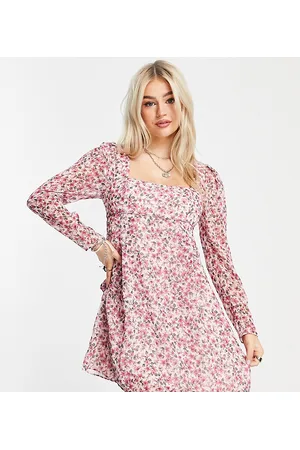 Forever New Ever New Petite puff shoulder square neck mini dress in fuchsia ditsy floral