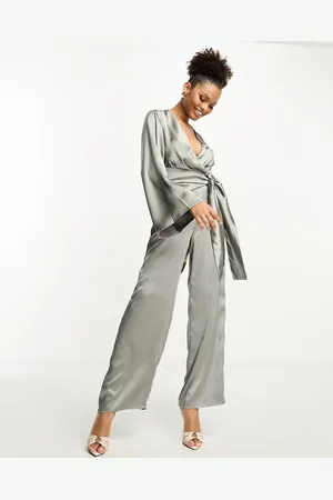 Pretty Lavish Tie front jumpsuit with pockets in slate