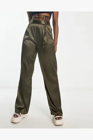 Heartbreak Satin wrap around tie waist wide leg pants in khaki