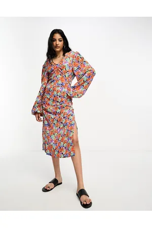 VILA Ruched front midi dress in red floral print