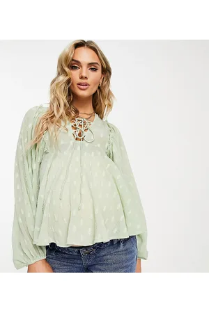 ASOS Maternity textured long sleeve blouse with lace up front & peplum hem in sage