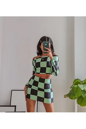 Labelrail X Pose and Repeat off shoulder crop top in lime checkerboard - part of a set