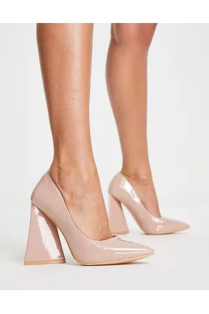 Glamorous Patent block heel pumps in beige