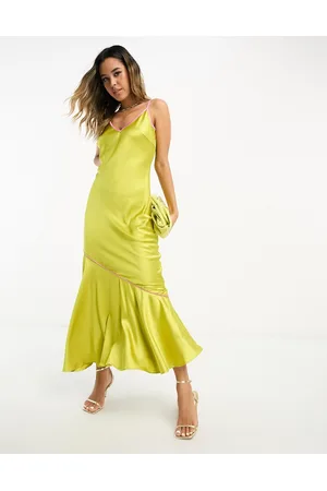 Never Fully Dressed Asymmetric contrast satin slip dress in chartreuse