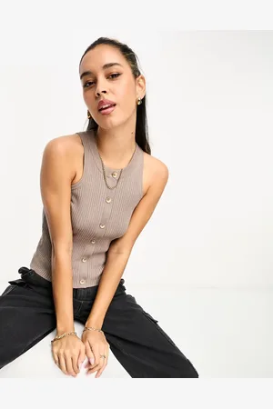 River Island Button through rib tank top in beige