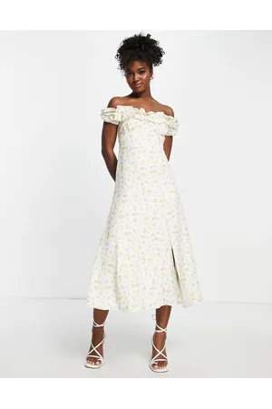 Forever New Ever New bardot frill midi dress in lemon ditsy floral