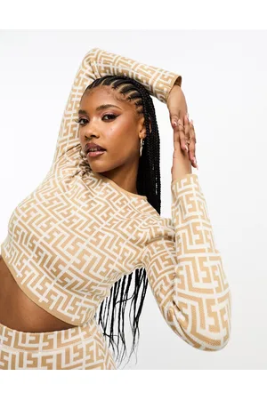 Simmi London Simmi cropped sweater in beige geo print - part of a set