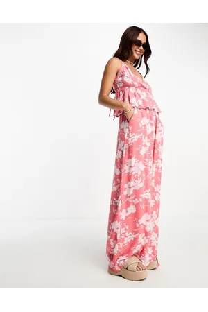 VERO MODA Shirred waist wide leg pants in coral print - part of a mix and match set