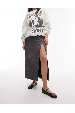 Topshop Leather look split seam midi skirt in distressed