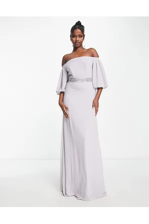 TFNC Bridesmaid bardot chiffon maxi dress with embellished waist in
