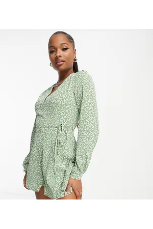 Glamorous V neck tie waist tea romper in green ditsy floral