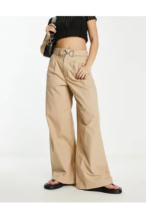 River Island Belted wide leg pants with hardware detail in beige