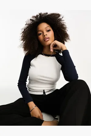 ASOS Raglan long sleeve top in navy and white