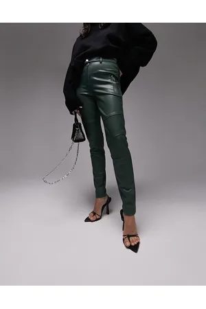 Topshop Faux leather skinny fit biker pants in khaki